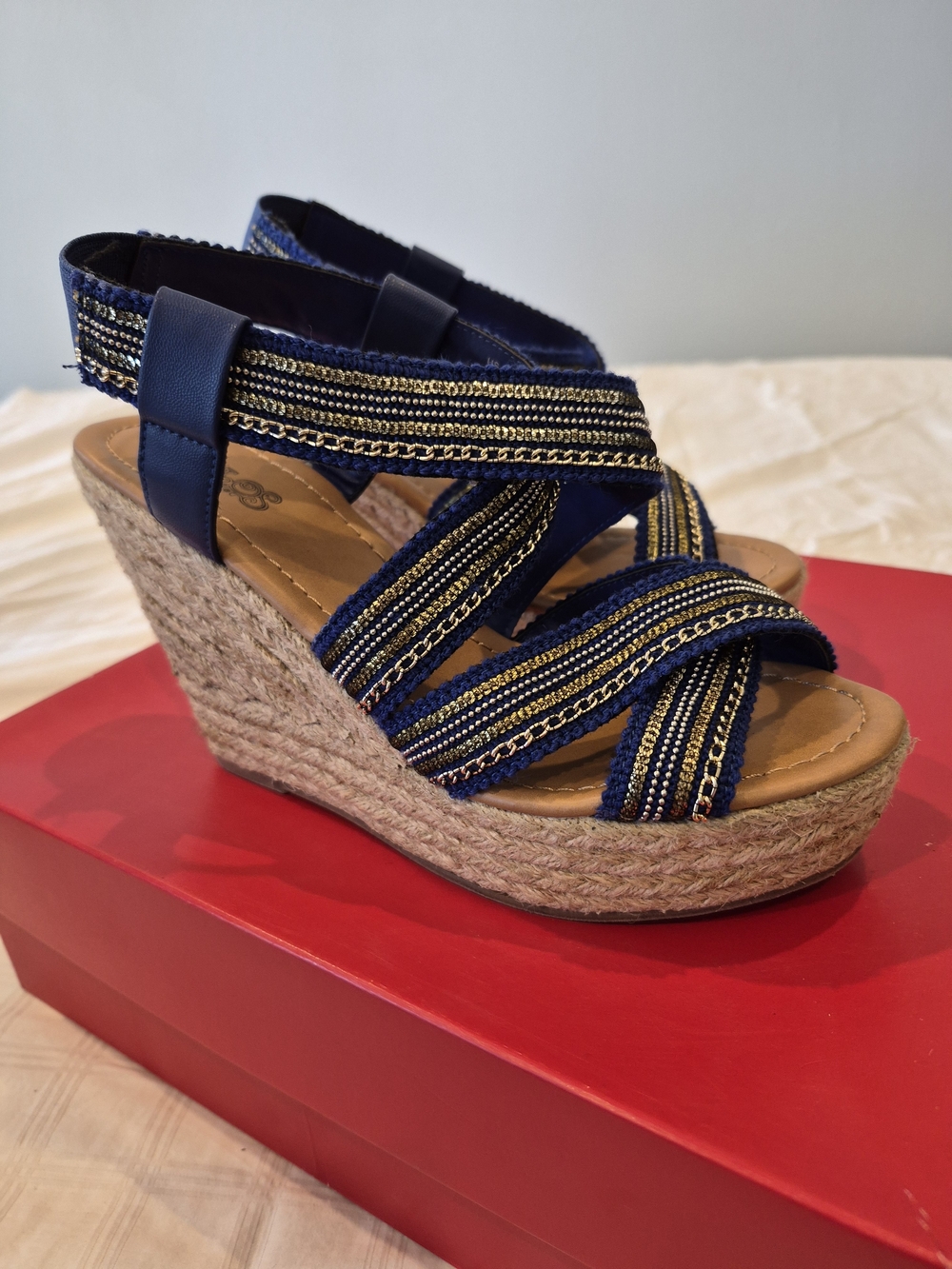 Carlos Santana Navy and Gold Espadrille Wedge Sandals